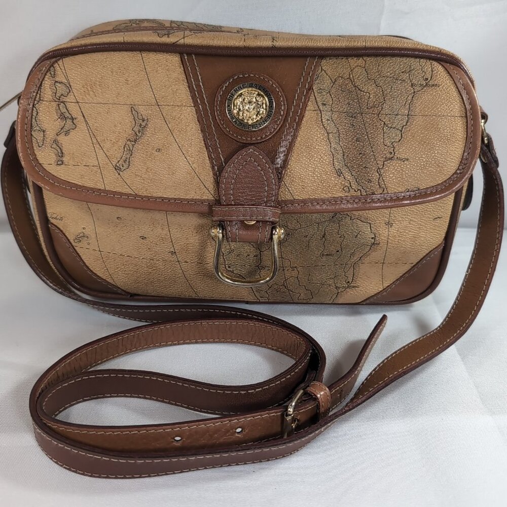 Pierre Balmain Leather Map Tan Beige Brown Crossbody Purse Shoulder Bag Vintage